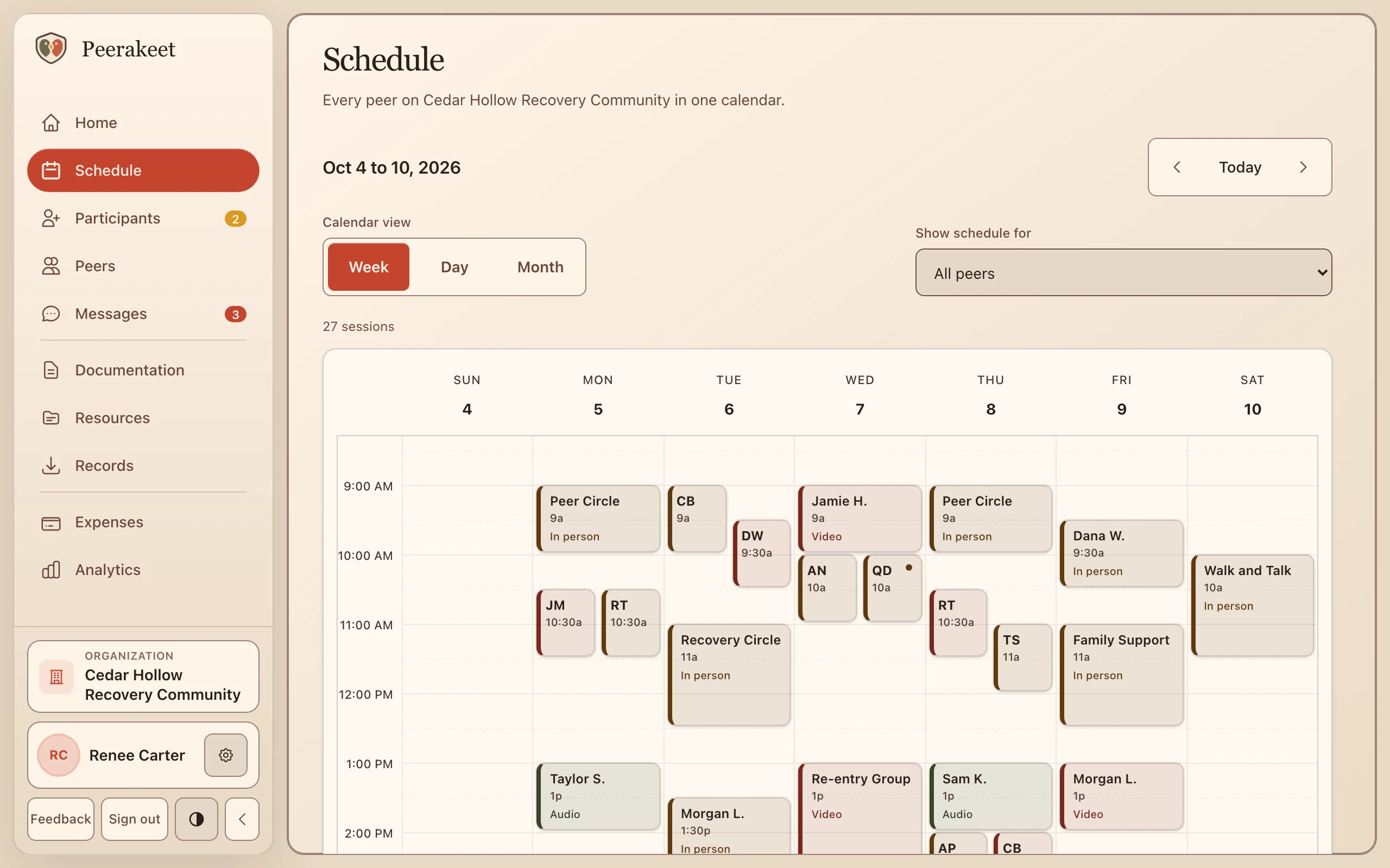 The Peerakeet team schedule for an example organization, showing a week of one-on-one sessions and groups, with navigation for participants, peers, messages, documentation, records, and analytics.