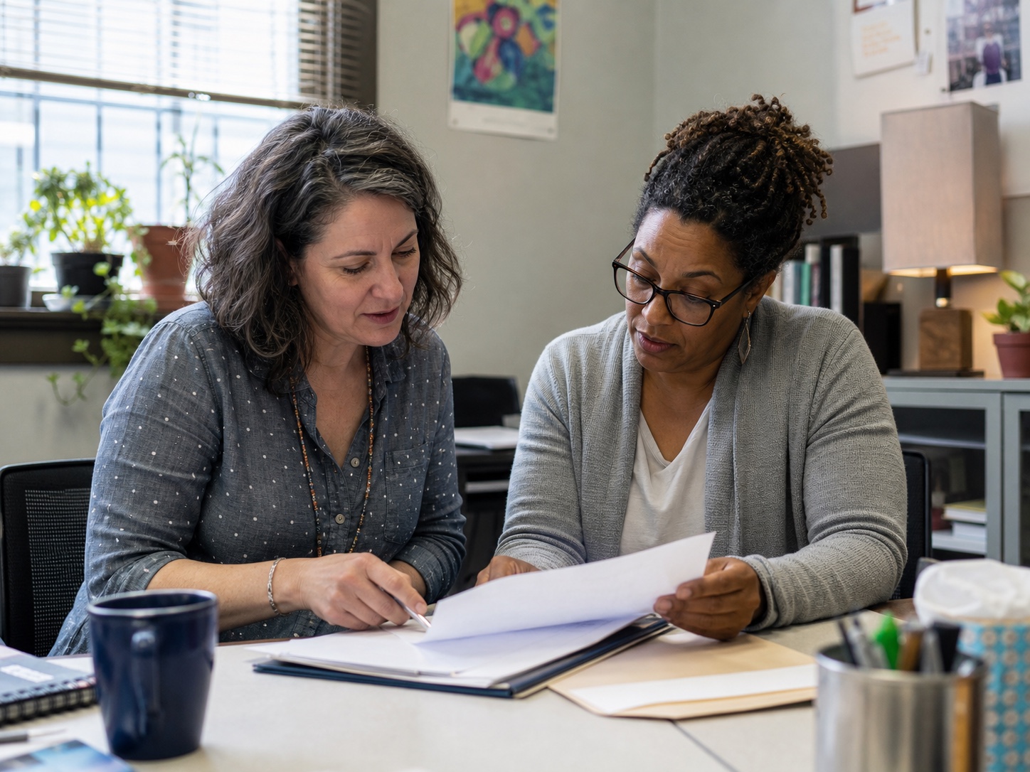 A behavioral health clinician and peer support specialist reviewing a care plan together.