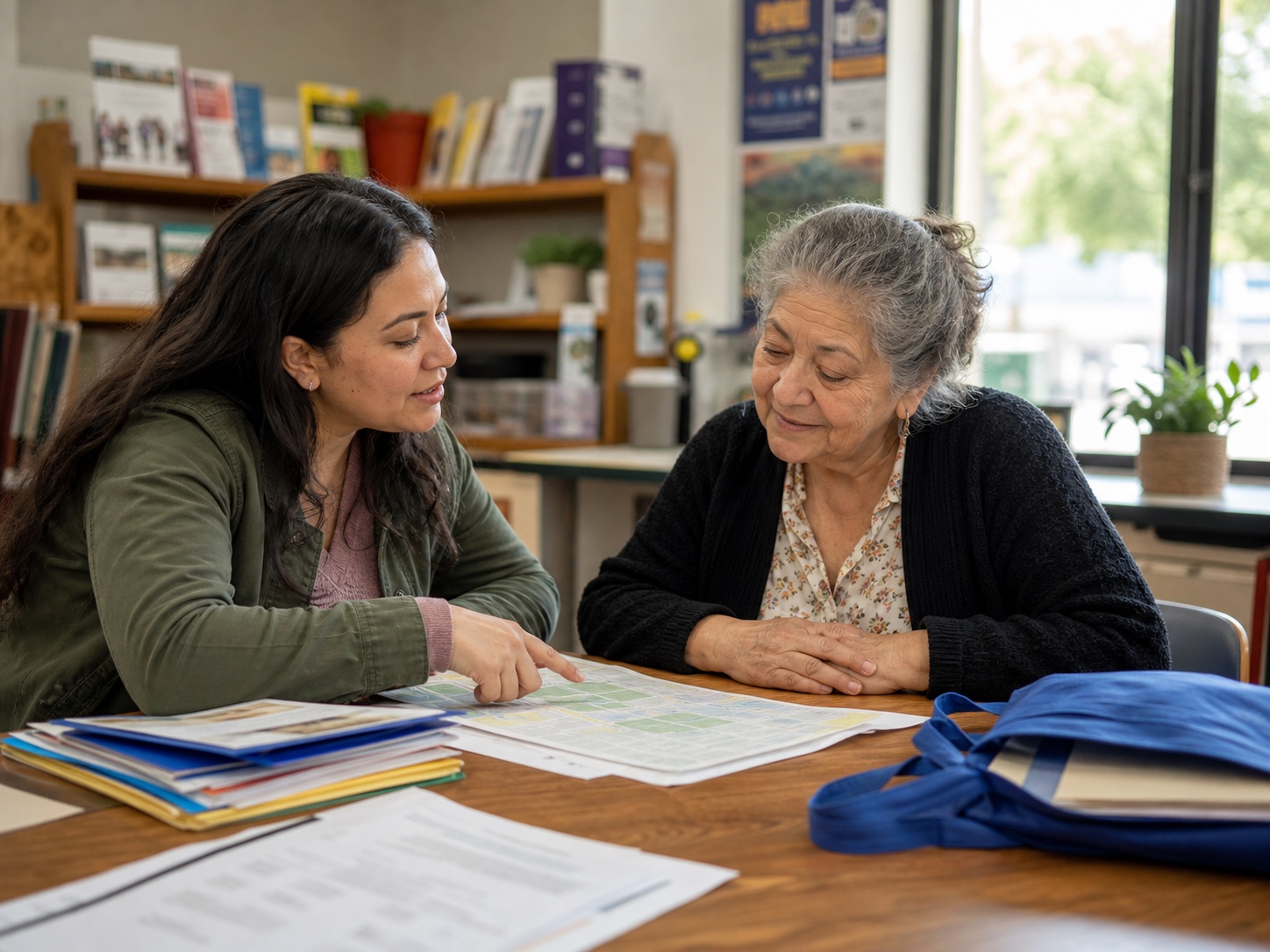 A community health worker helping a neighborhood resident navigate local services.