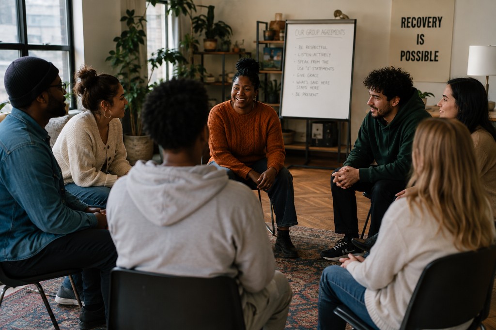 A diverse peer support group sitting together in circle, listening and talking in a warm recovery space.